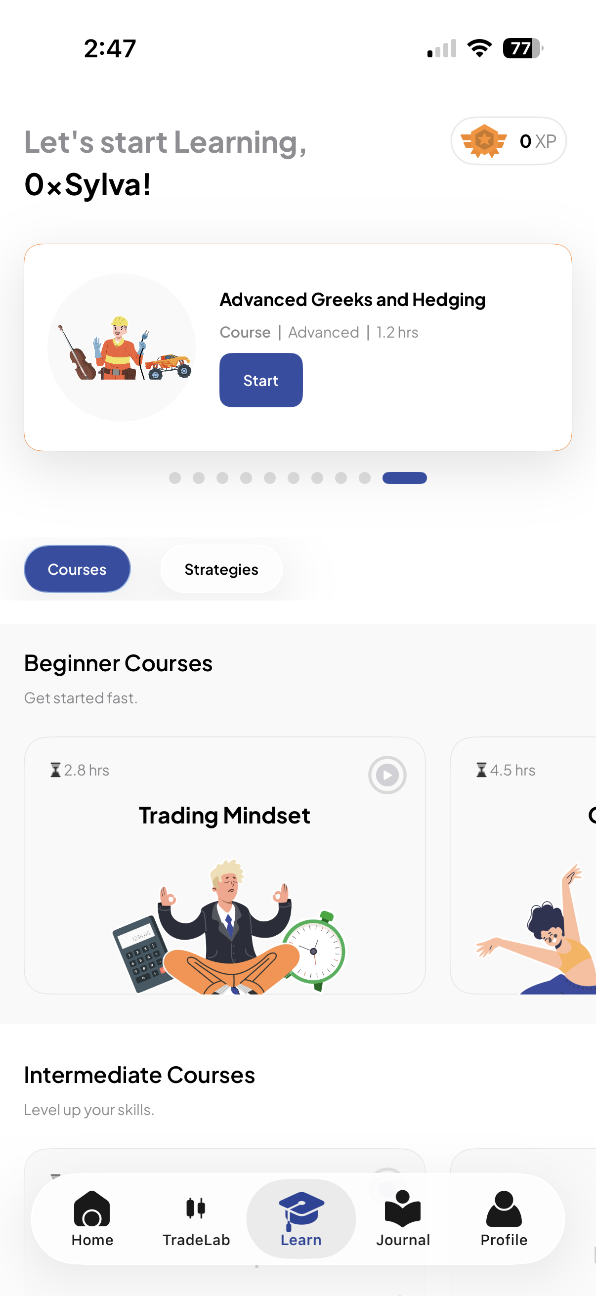 LearnCenter screen in the TraderLab app