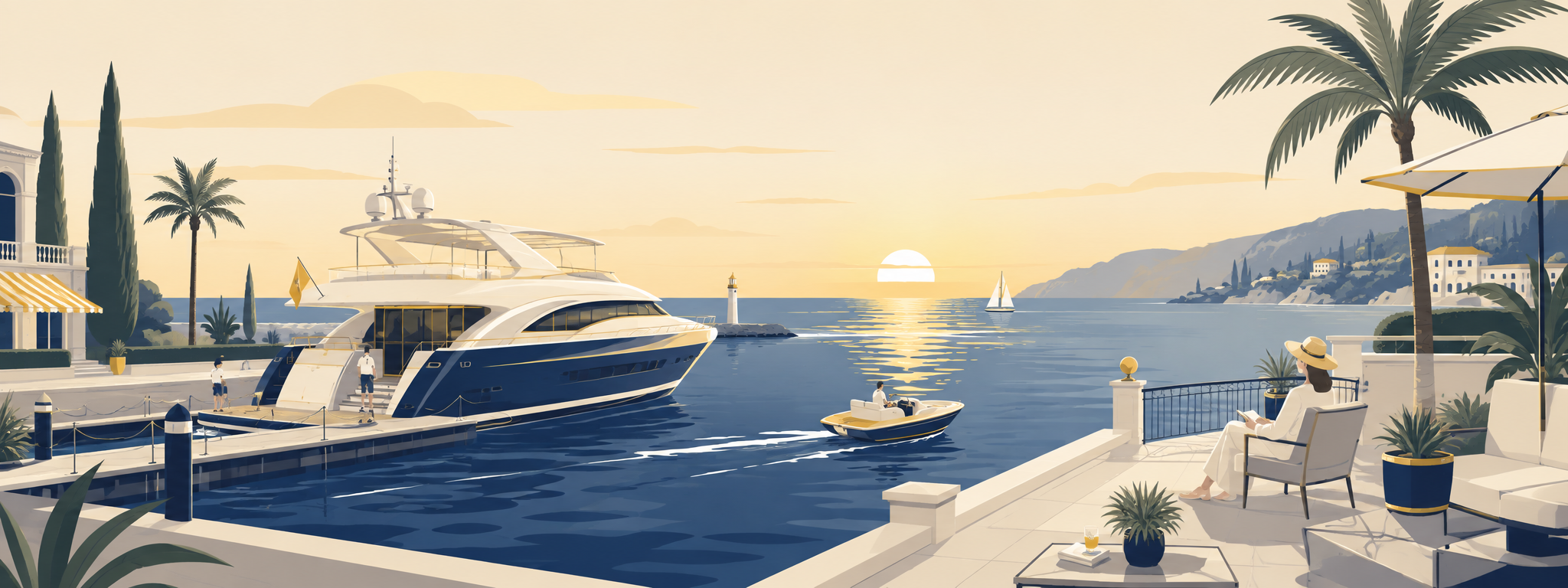 A luxury coastal marina at sunset with a moored yacht, the trading lifestyle TraderLab helps you build toward